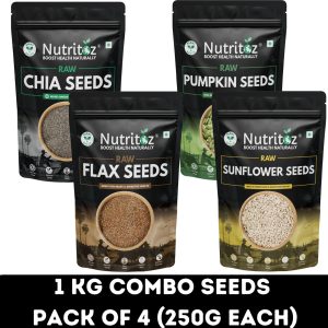 Nutritoz Premium Seeds 1 Kg, Edible & Mix Seeds Combo Pack Of 4 (Each 250g) Chia Seeds, Brown Flax Seeds, Pumpkin Seeds, Sunflower Seeds