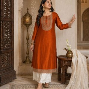 RARE THREAD Embroidered Silk Blend A-line Kurta for Women